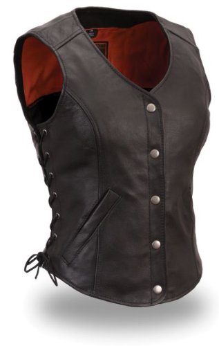 Womens Motorcycle Biker Classic Soft Leather Vest with Side Laces Longer Length